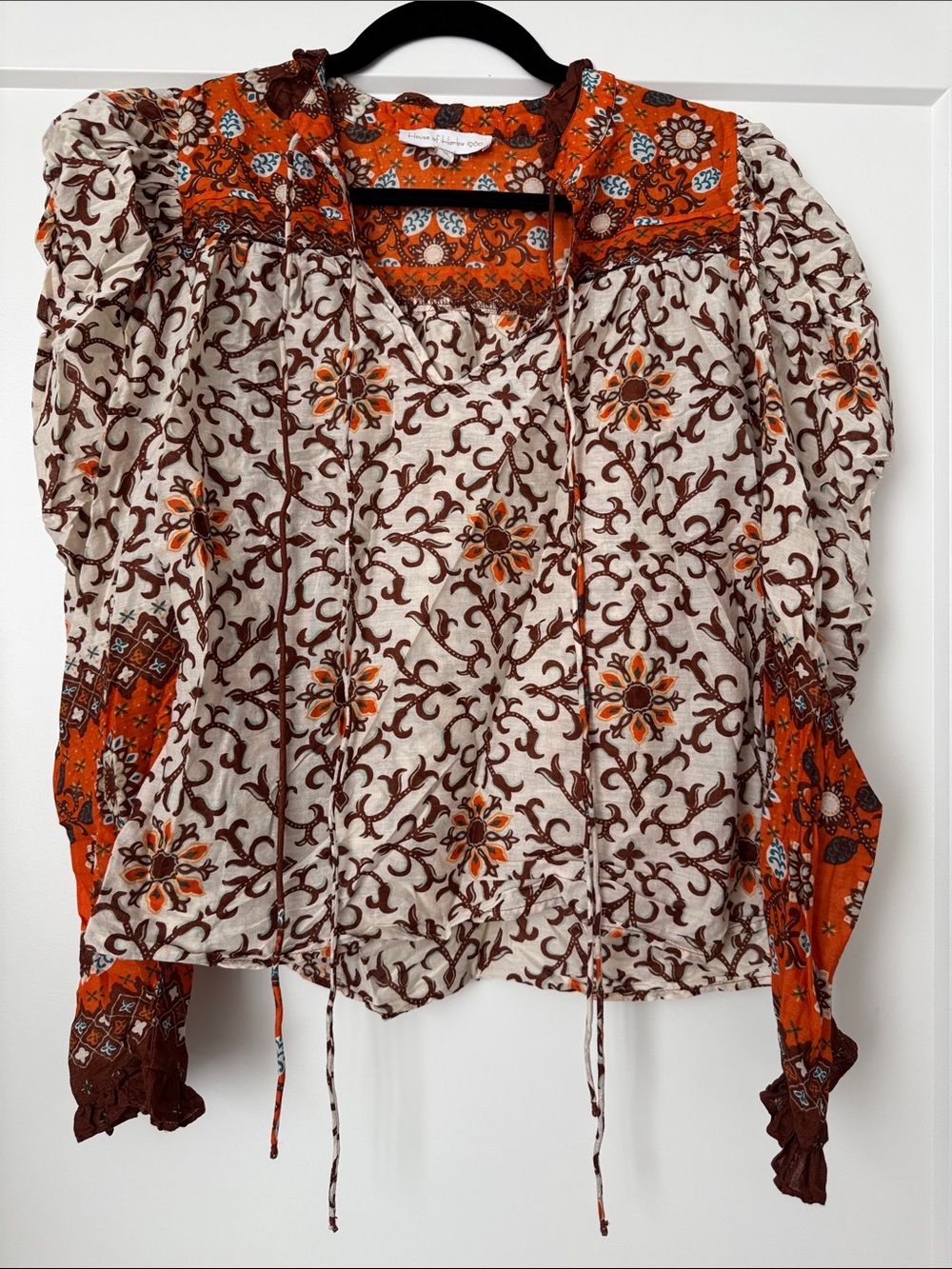 House of Harlow 1960 Boho Floral Blouse in Brown, Orange, and Cream